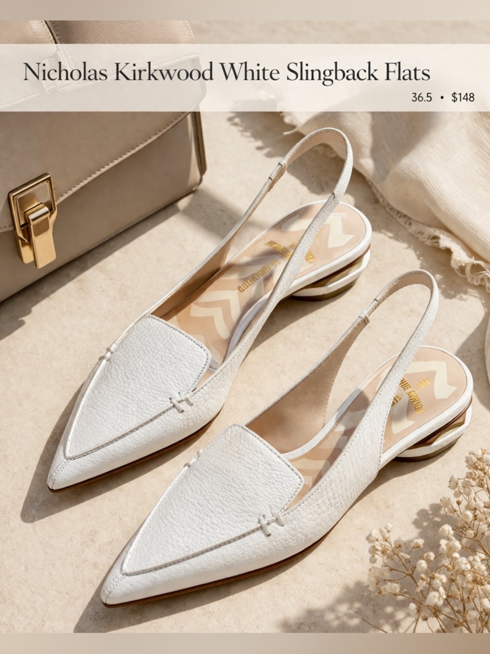 Nicholas Kirkwood White Leather Slingback Flats Pointed Toe Size 36.5